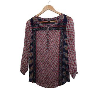 Lucky brand floral semi sheer long sleeve boho blouse round neck Size Small